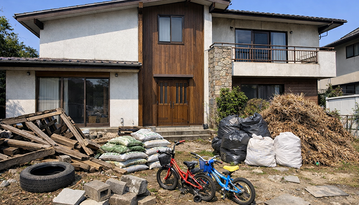 石川県津幡町にて、一軒家の庭に溜まったゴミや不用品の片付け事例。古タイヤや外構資材のゴミを撤去