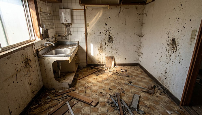 福井県坂井市にて、猫が入り込んで荒廃した空き家の片付け・清掃事例