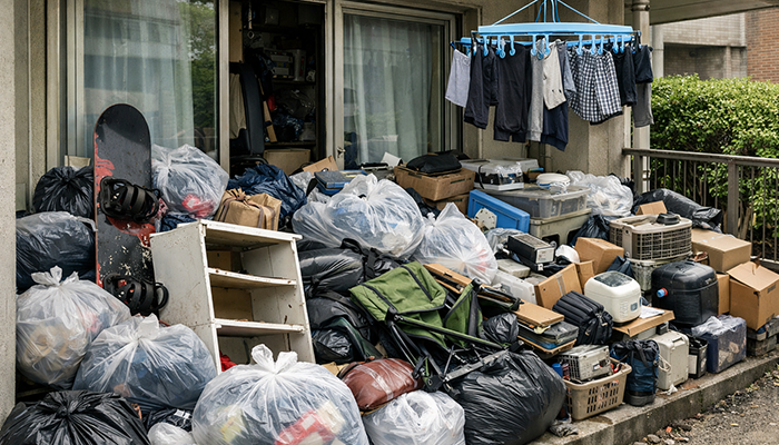 福井県越前市にて、ゴミ屋敷となったマンションの片付け・清掃事例。ベランダの不用品を撤去